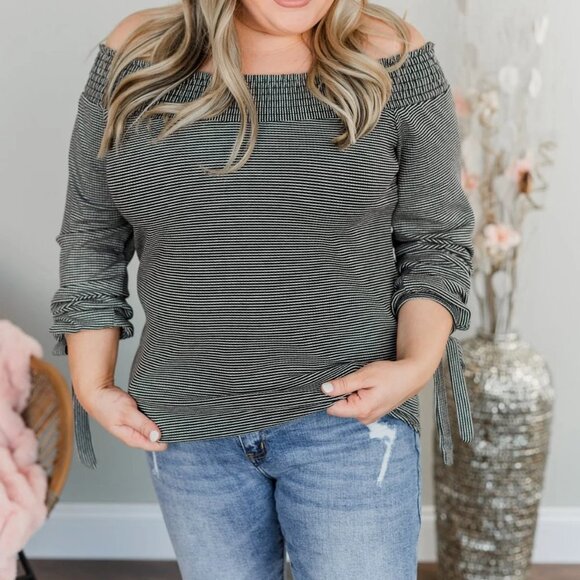 Dreaming of Stripes Off the Shoulder Top- Black & White - Picture 6 of 13